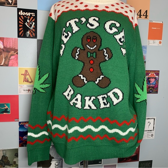 Let’s Get Baked Gingerbread Christmas Sweater Green Ugly Christmas Sweater - Picture 1 of 11